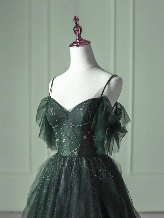 Vestido formal largo de tul verde degradado, corte A, tirantes con cuentas verdes, para fiesta y graduación, TP2150
