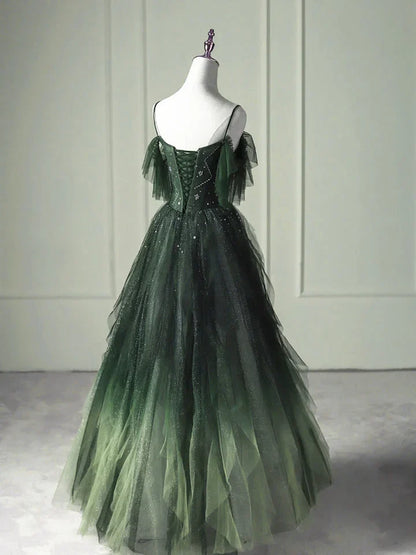 Vestido formal largo de tul verde degradado, corte A, tirantes con cuentas verdes, para fiesta y graduación, TP2150