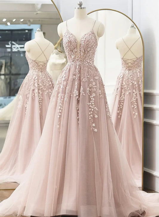 Vestido de fiesta largo de tul rosa con corte en A, vestido de fiesta de tul rosa con encaje, TP2152