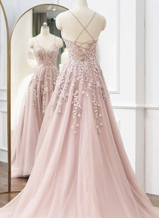 Vestido de fiesta largo de tul rosa con corte en A, vestido de fiesta de tul rosa con encaje, TP2152