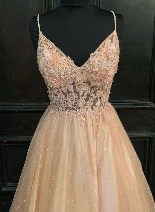 Vestido de fiesta largo rosa de tul rosa con apliques de encaje y escote en V con cuentas TP2153