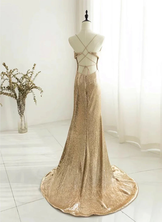 Vestido de fiesta largo con lentejuelas color champán, vestido formal con lentejuelas color champán TP2154