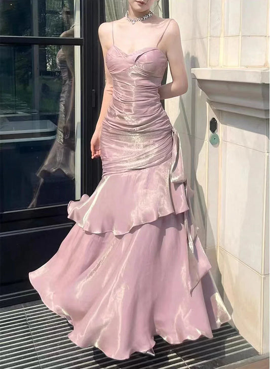 Vestido formal largo de satén rosa con tirantes de sirena, vestido de fiesta rosa hasta el suelo TP2155