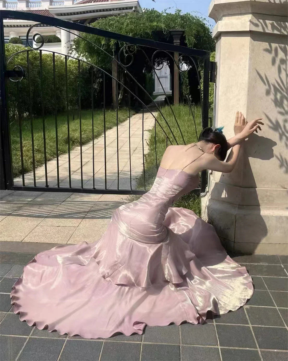 Vestido formal largo de satén rosa con tirantes de sirena, vestido de fiesta rosa hasta el suelo TP2155