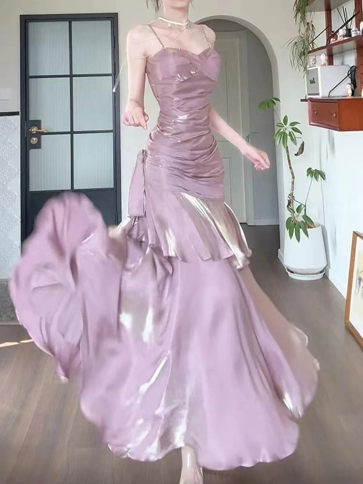 Vestido formal largo de satén rosa con tirantes de sirena, vestido de fiesta rosa hasta el suelo TP2155
