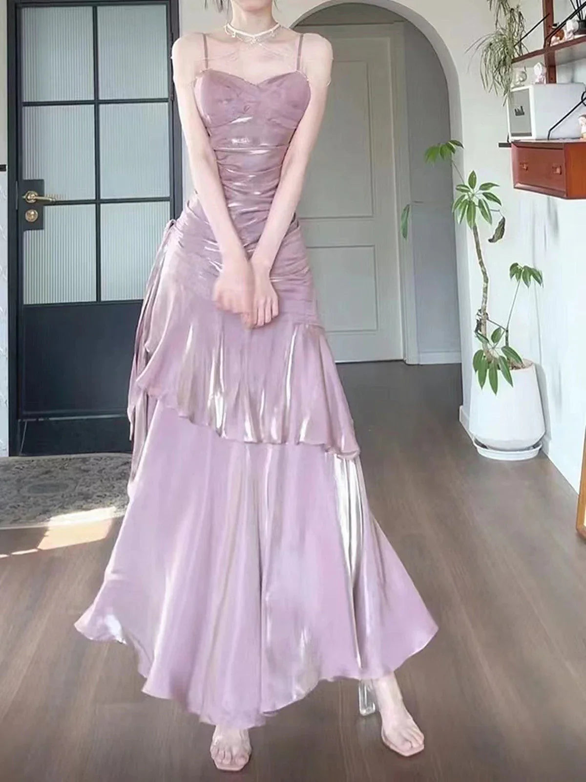 Vestido formal largo de satén rosa con tirantes de sirena, vestido de fiesta rosa hasta el suelo TP2155