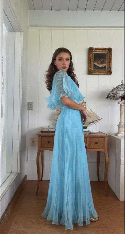 Elegante vestido de noche formal plisado hasta los tobillos con corte en A en azul TP2160