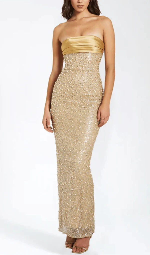 Elegante vestido de noche de sirena dorado sin tirantes y largo hasta el tobillo con perlas TP2163