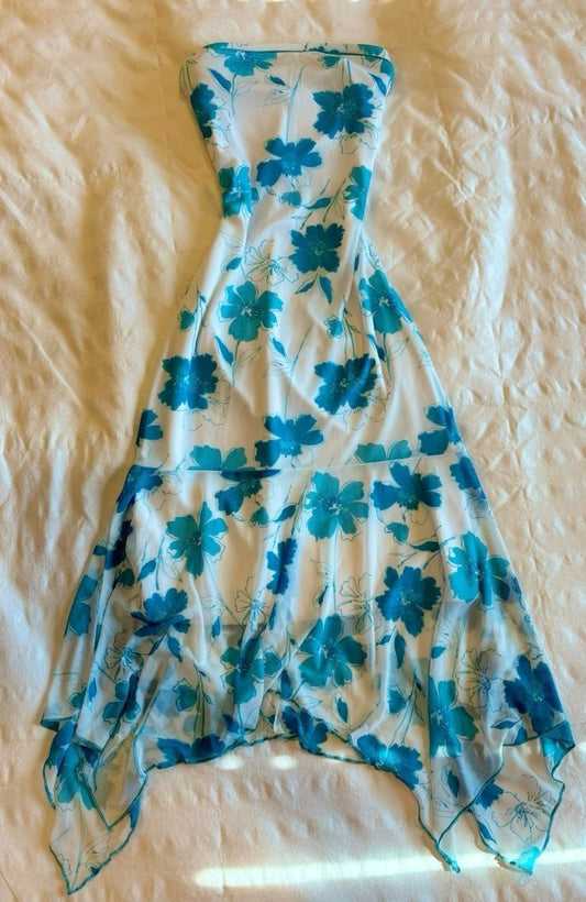 Hermoso vestido de fiesta corto de gasa sin mangas y sin tirantes con estampado azul TP2170