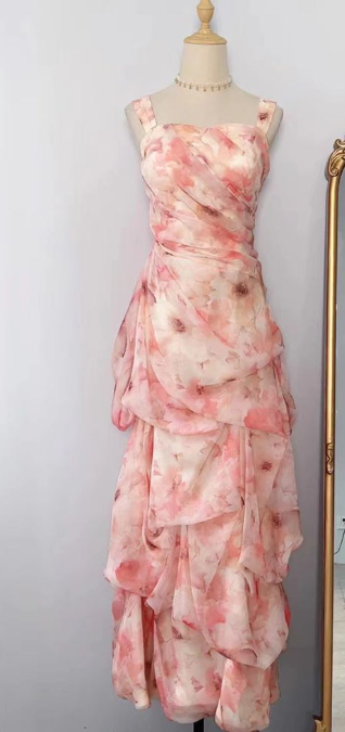 Vestido de noche de sirena de gasa sin tirantes, estampado en color rosa, TP2171