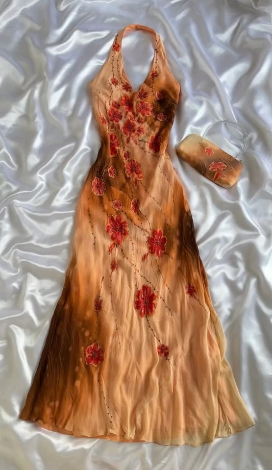 Vestido de noche largo de gasa con cuentas y tirantes naranjas, elegante y vintage, TP2173