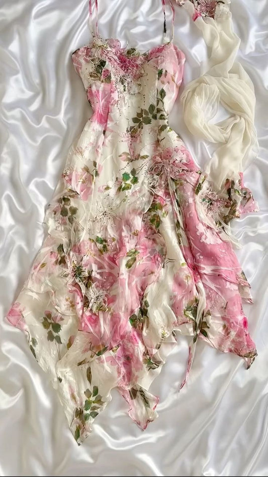 Vestido de fiesta corto de gasa con tirantes, estampado, corte en A, sexy, color rosa, TP2177