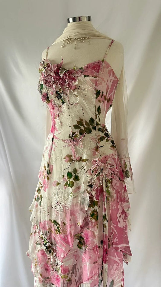 Vestido de fiesta corto de gasa con tirantes, estampado, corte en A, sexy, color rosa, TP2177