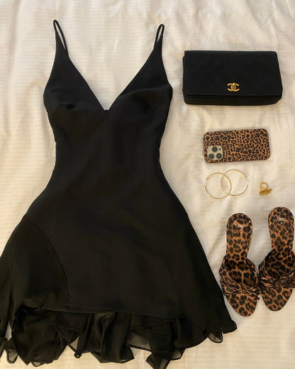 Sexy Black Strap Deep V Neck Chiffon Mini Ball Gown Evening Dress TP2178