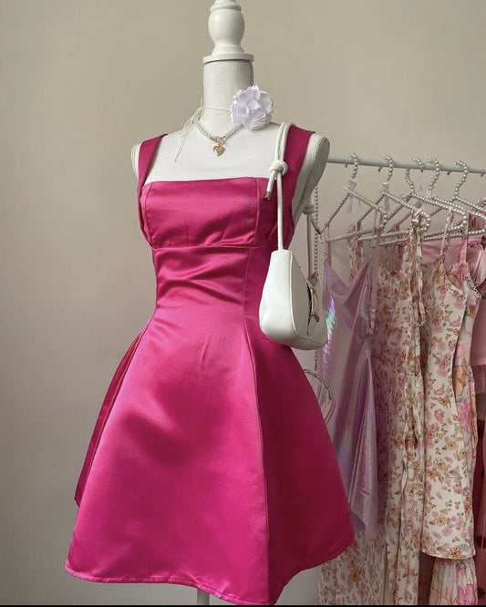 Bright Pink Strapless A-Line Backless Satin Mini Party Dress Homecoming Dress TP2185