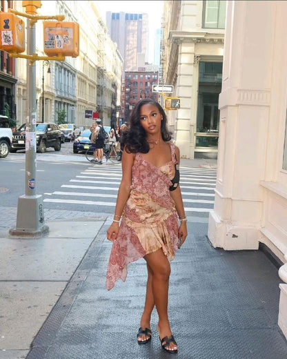 Vintage Printed Chiffon V Neck Irregular Skirt Mini Party Dress Homecoming Dress TP2188