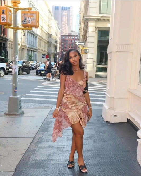 Vintage Printed Chiffon V Neck Irregular Skirt Mini Party Dress Homecoming Dress TP2188