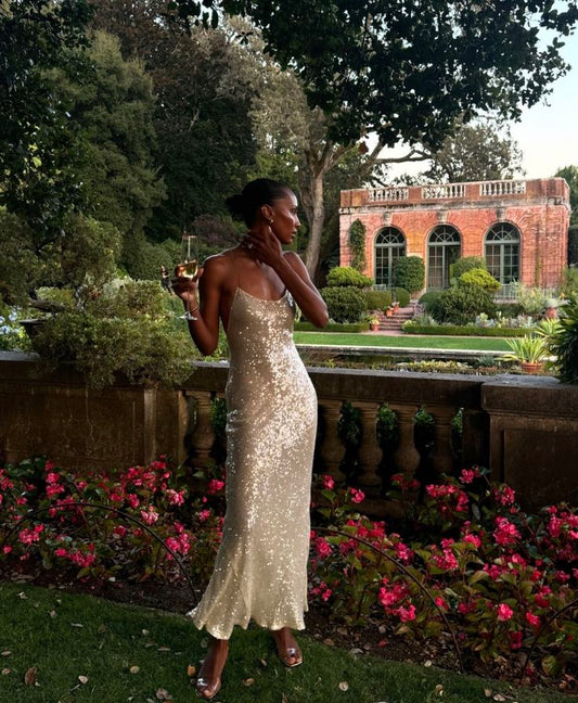 Vestido de noche sencillo con tirantes color champán, lentejuelas, corte sirena, espalda descubierta, TP2190