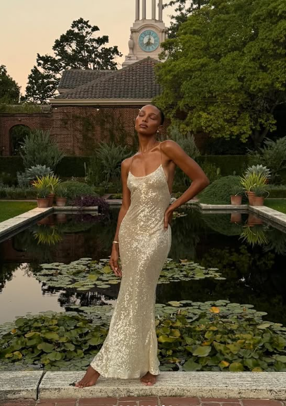 Vestido de noche sencillo con tirantes color champán, lentejuelas, corte sirena, espalda descubierta, TP2190