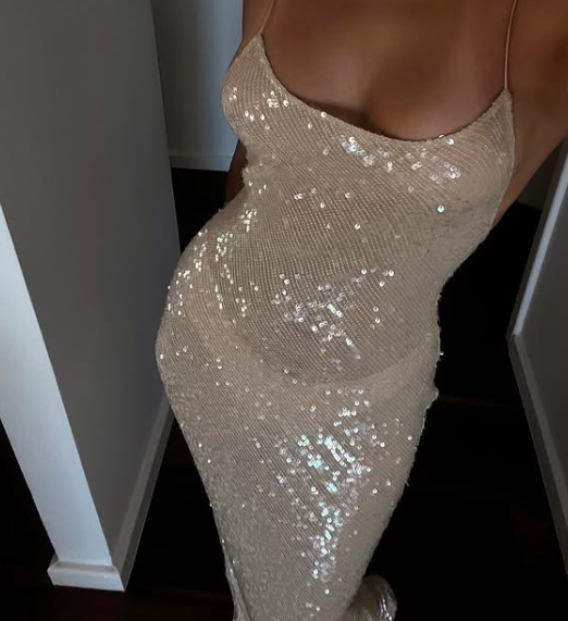 Vestido de noche sencillo con tirantes color champán, lentejuelas, corte sirena, espalda descubierta, TP2190