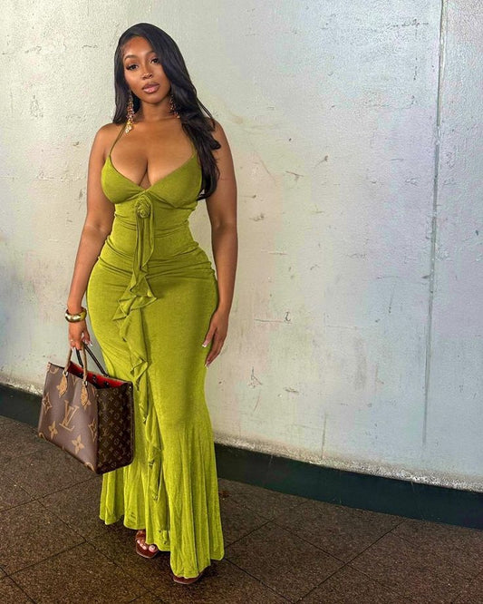 Vestido de fiesta de sirena con escote en V profundo, espalda descubierta y tirantes finos, color verde, sexy, TP2191