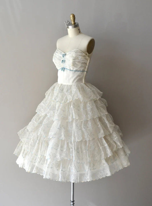 Vestido vintage blanco sin tirantes, con volantes y encaje, corto, para fiesta de cumpleaños y graduación, TP2196