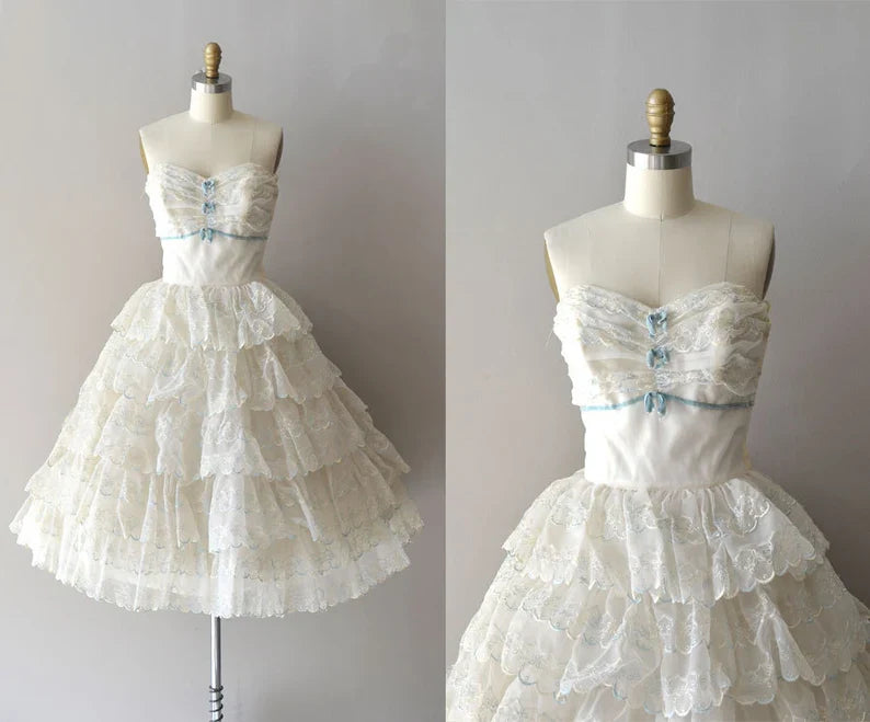 Vestido vintage blanco sin tirantes, con volantes y encaje, corto, para fiesta de cumpleaños y graduación, TP2196
