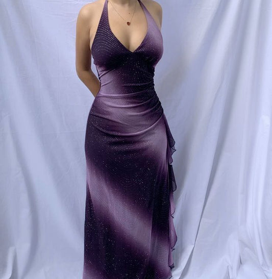 Vestido de noche estilo sirena con escote halter, escote en V profundo y degradado morado retro TP2199