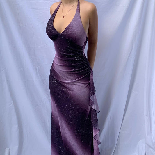 Vestido de noche estilo sirena con escote halter, escote en V profundo y degradado morado retro TP2199