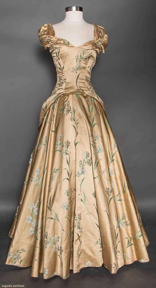 Vestido de noche vintage de satén sin mangas, estampado, corte A, color champán, TP2203
