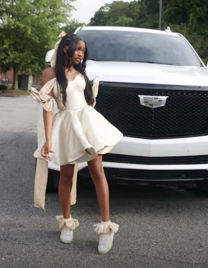 Chic Ivory Tutu Off-the-shoulder Bow Mini Homecoming Dress TP2214
