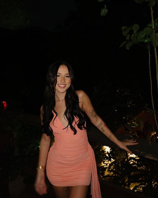 Vestido de noche corto ajustado con escote en V y tirantes finos en color naranja, estilo sirena, TP2233