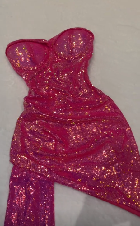 Vestido de noche corto de sirena con lentejuelas y escote corazón, sin tirantes, color rosa brillante, TP2234