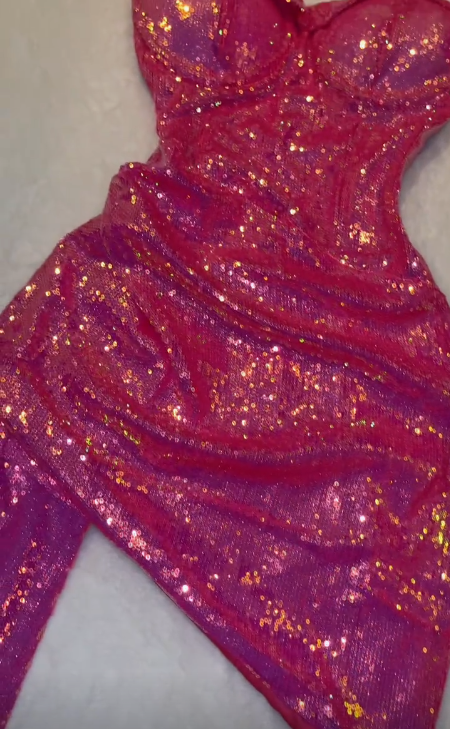 Vestido de noche corto de sirena con lentejuelas y escote corazón, sin tirantes, color rosa brillante, TP2234