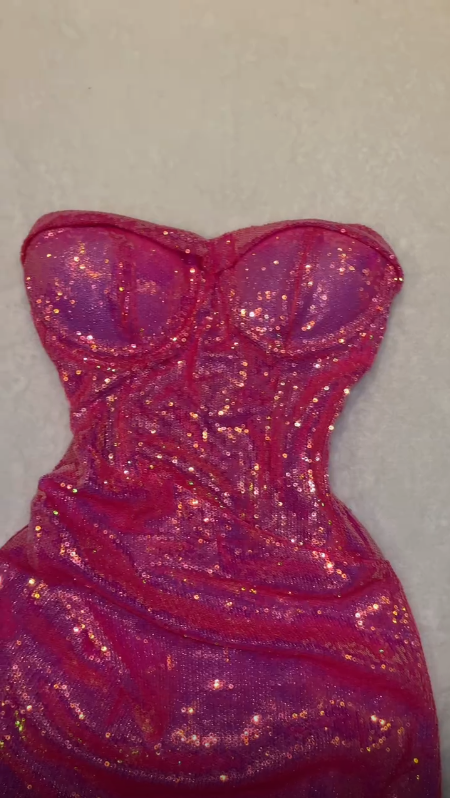Vestido de noche corto de sirena con lentejuelas y escote corazón, sin tirantes, color rosa brillante, TP2234