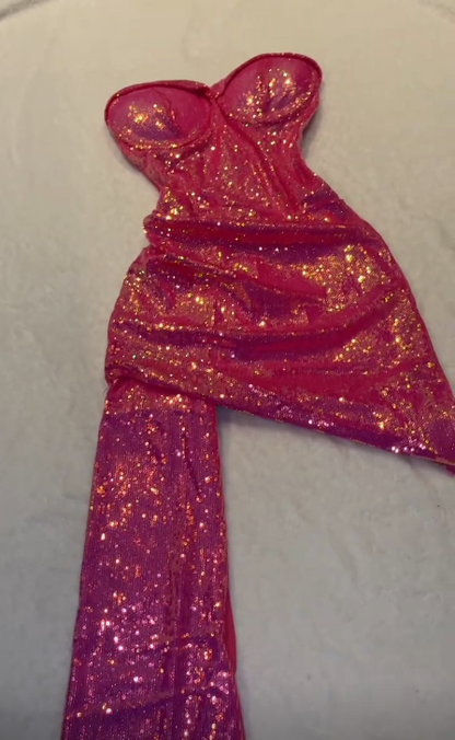 Vestido de noche corto de sirena con lentejuelas y escote corazón, sin tirantes, color rosa brillante, TP2234