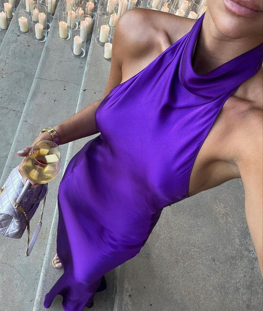 Vestido de noche largo estilo sirena, con escote alto y hombros descubiertos, de satén morado, encantador, TP2249