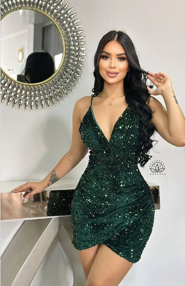 Sexy Strap Black Sequin V Neck Short Ball Gown Evening Dress TP2259