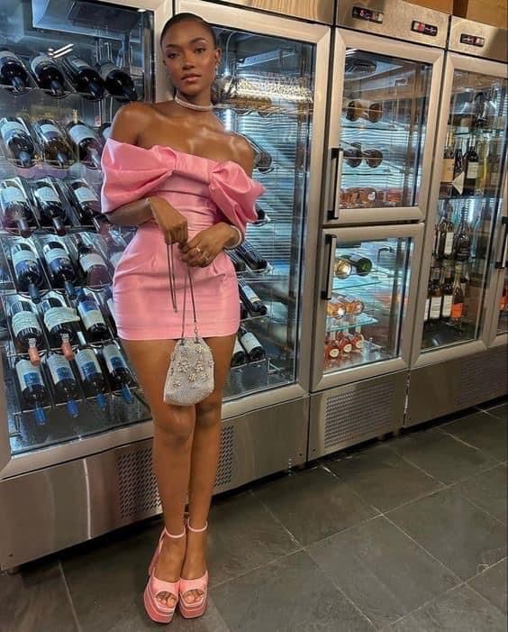 Sweet Pink Satin Bow Off-the-shoulder Bodycon Mini Birthday Party Dress Homecoming Dress TP2260