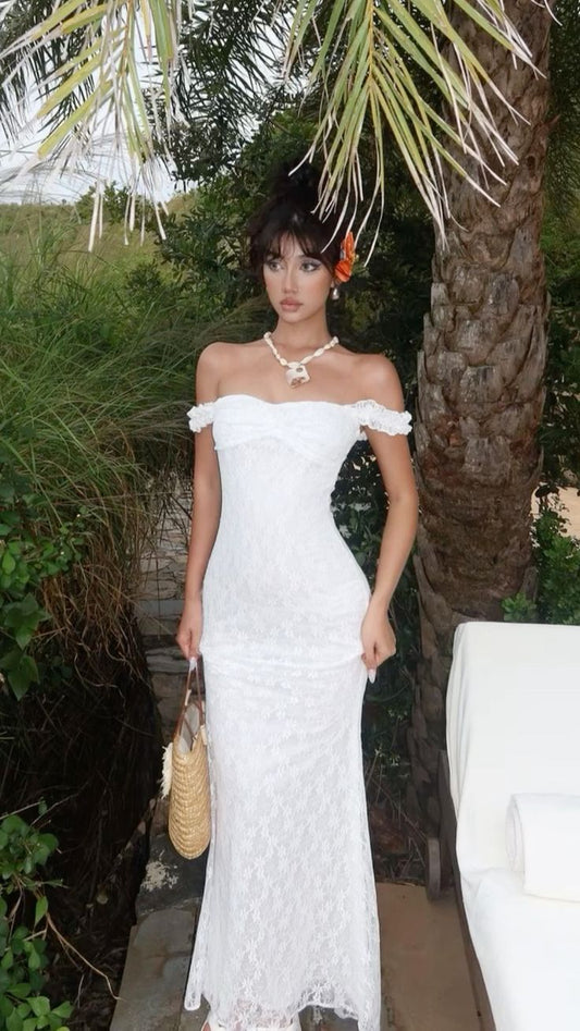 Vestido de noche largo estilo sirena con hombros descubiertos y encaje blanco vintage TP2261