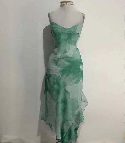 Elegante vestido de noche largo de gasa con tirantes estampados, TP2263