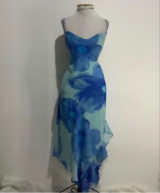 Elegante vestido de noche largo de gasa con tirantes estampados, TP2263