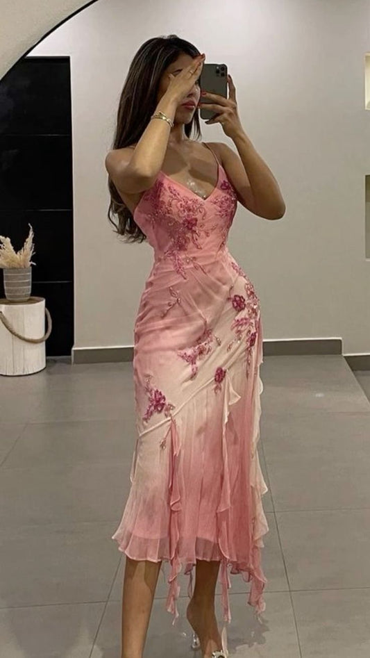 Vestido de noche rosa con estampado retro, tirantes finos, escote en V y falda irregular, TP2266
