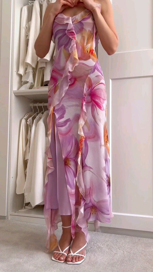 Elegante vestido de noche de gasa con tirantes finos y estampado morado, TP2267