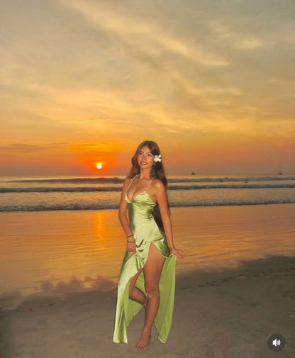 Spaghetti Strap Green Satin Slit Simple Ball Gown Evening Dress TP2282
