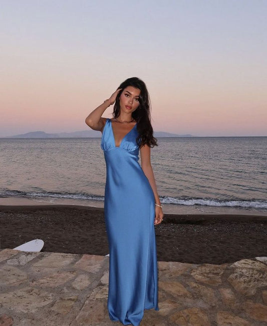 Vestido de noche sencillo de satén azul, sin mangas, con escote en V y corte sirena, TP2283