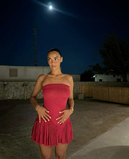 Vestido de noche mini plisado burdeos sin tirantes TP2284