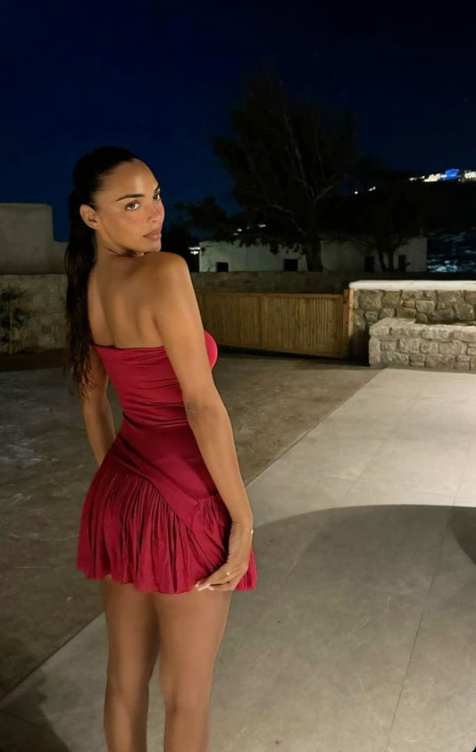 Vestido de noche mini plisado burdeos sin tirantes TP2284