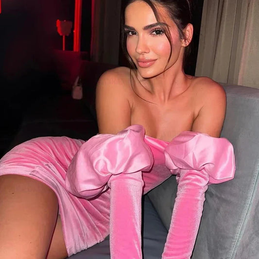 Sexy Pink Velvet Off Shoulder Bodycon Mini Birthday Party Dress Homecoming Dress TP2307