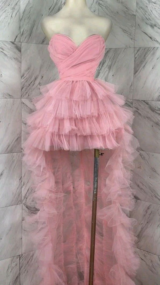 Pink Strapless Sweetheart Neck Tulle Trailing Mini Birthday Party Dress Homecoming Dress TP2308